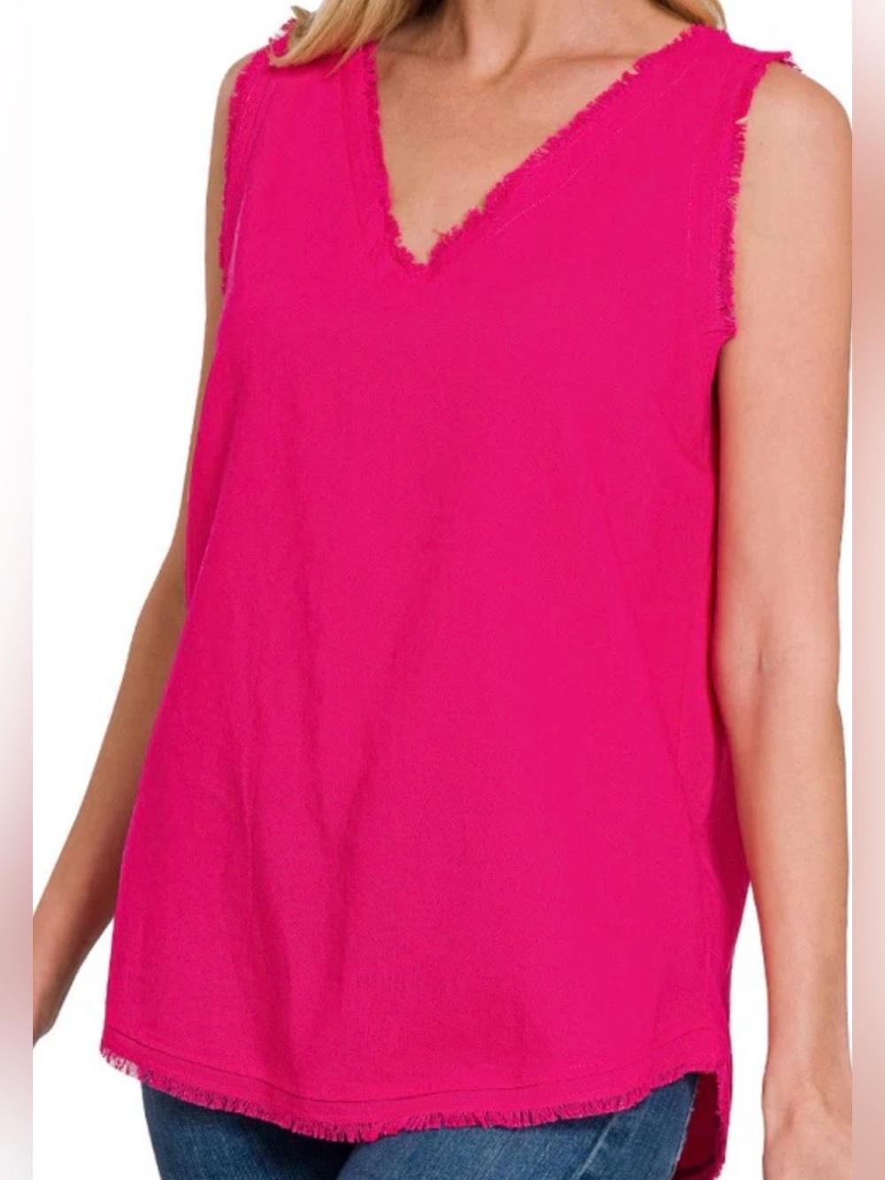 Gaudie Hot Pink Textured Raw Edge Sleeveless Top